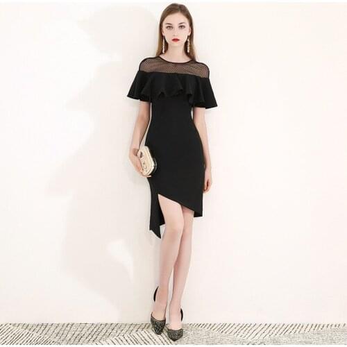 Simple Boat Neck Mermaid Knee-Length Asymmetrical Black Gown Ruffles Sleeveless Lace Off-the-Shoulder Zipper-up Evening Dresses