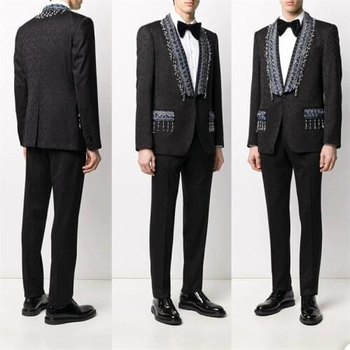 Luxury Crystal Men Suits Two Pieces Modern Printed Custom Made Handsome Wedding Suits Fit Slim Formal Business Coat+Pant