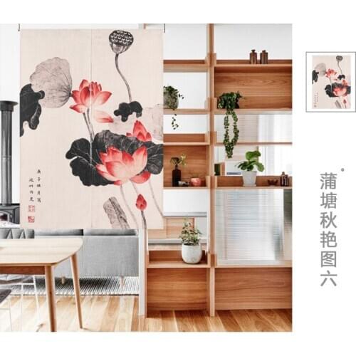 Chinese style classical lotus mountain wind window blind water Japanese curtain cotton and linen curtain porch decoration