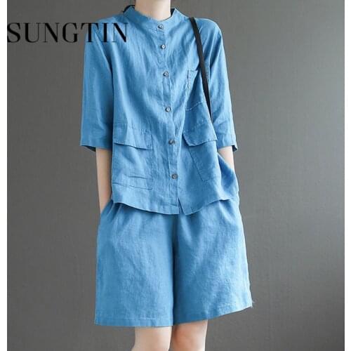 Sungtin Two Pieces Loose Cotton Linen Suit Women Summer Spring Stand Color 2 Pieces Set Lounge Wear Tops and Shorts Oversized