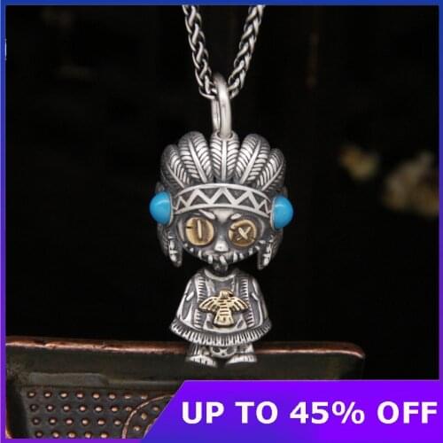 Thai silver Ethnic Indian Witchcraft Doll Pendant 925 Sterling silver Free black leather Rope Men Women Necklace Pendant Jewelry