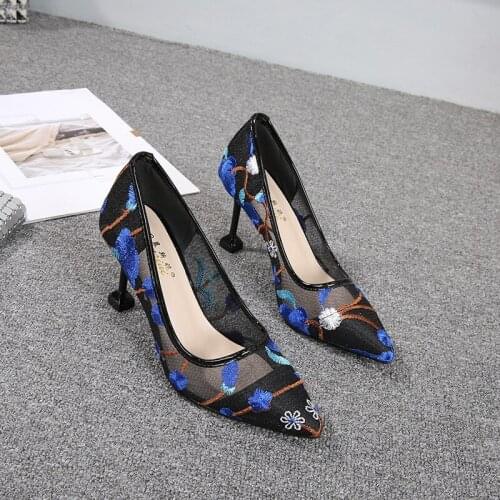 Thin High Heels Pumps Women Shoes women pumps Mesh Slip On Thin High Heels Pointed Toe Flowers Shallow women shoes size 35-42