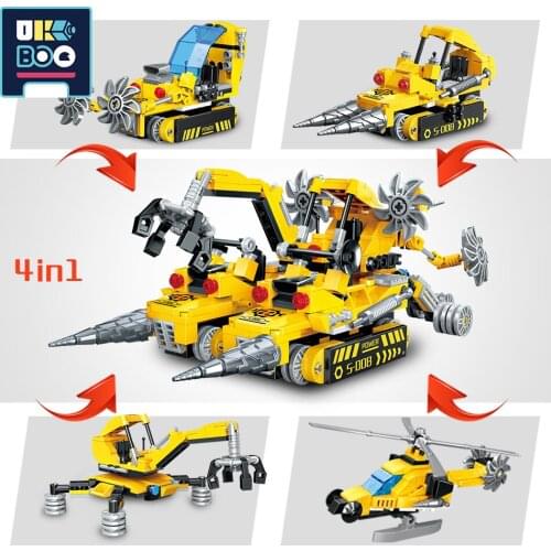 UKBOO 622pcs 4IN1 City Multifunctional Engineering Vehicle Bulldozer Building Blocks Bricks Car Helicopter Trucks Children Toys