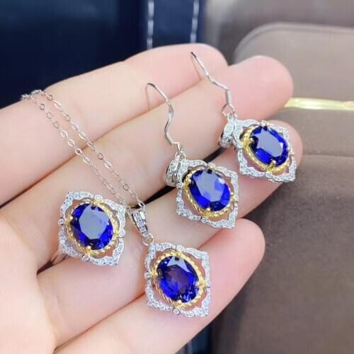 High Pure Natural And Real Sapphire Set 925 Sterling Silver 1pc Sapphire Ring,2pcs Sapphire Earring,1pc Sapphire Pendant
