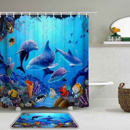 Blue Ocean Dolphin Printing Shower Curtain Set with Hooks Waterproof Fabric Bathroom Curtains Non-slip Bath Mat Set Home Decor