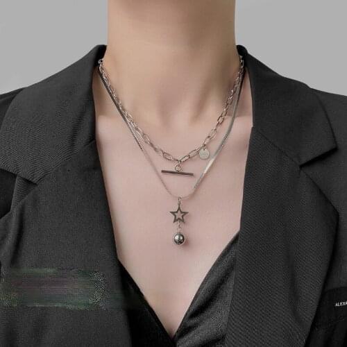 VSnow Creative Double-Layer Star Round Ball Pendant Necklace for Women Girls Geometric Stick Chunky Curb Chain Necklace Jewelry