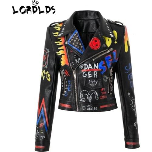 LORDLDS Women Leather Jacket Punk Graffiti Black Short Moto Coats Ladies Studded Printed Streetwear Outfit Jackets
