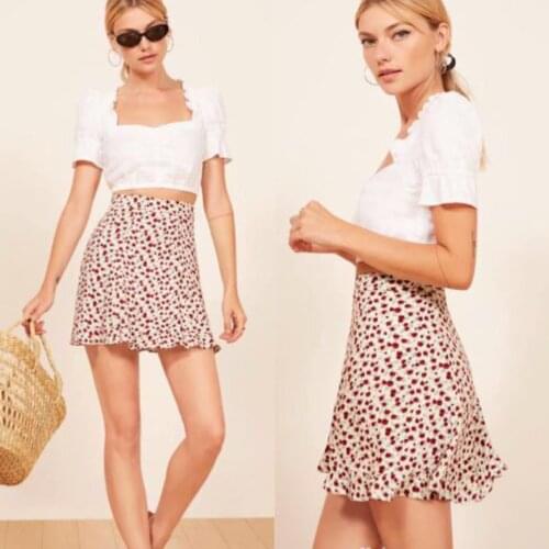 2020 Summer New Women Fashion Floral Print Polka Dot Mini Skirt Casual Ruffles High Waist Beach Skirts