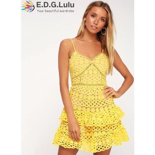 EDGLulu ruffle dress elegant casual runway fashion summer 2019 mini overall dress women suspenders v neck lace dress