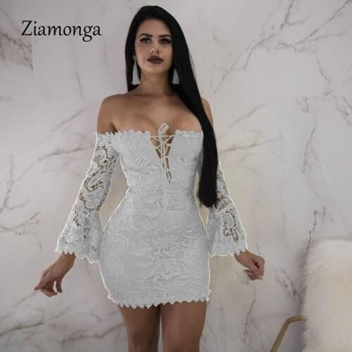 Ziamonga 2019 Sexy Lace Strapless Dress Slash Neck Floral Off Shoulder Flare Sleeve Lace Dress Elegant Flower Slim Bodycon Dress