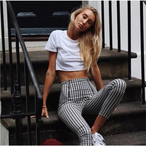 2020 Fashion High Waist Plaid Harajuku Casual Pants Women Button Pockets Slim Fitness Pencil Pants Feminino Trousers