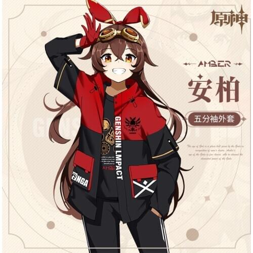 Anime Genshin Impact Amber Red Black Fashion Cardigan Hoodies Men Women Unisex Jacket Long Sleeve Cotton Pullover Cosplay Tops
