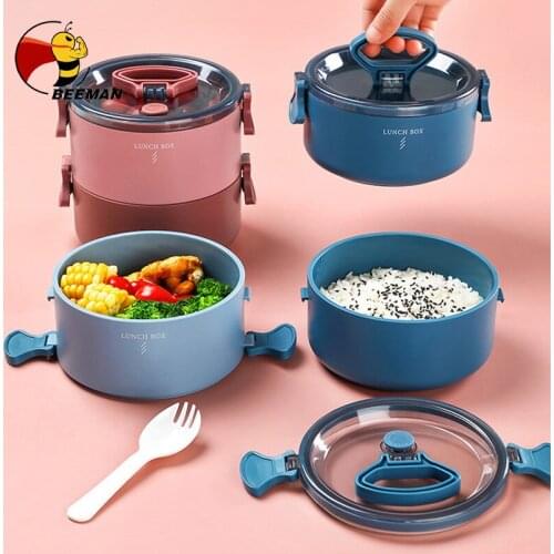 BEEMAN Double-Layer Round Lunch Box Portable Material Straw Lunch Box Microwave Tableware Food Storage Container Food Box