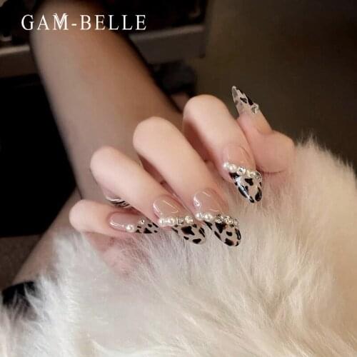 GAM-BELLE Long Ellipse Leopard Pattern False Nails With 3D Pearl Designs Full Cover Fake Press on Nails Art DIY Manicure Tool