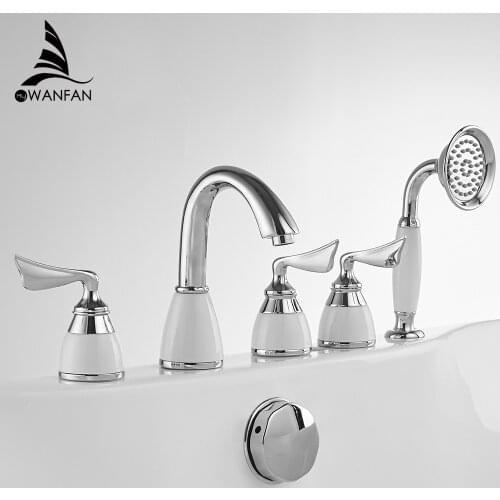 Chrome Deck Mounted Bathtub Faucet Set 5 Holes Widespread Tub Mixer Bathroom Goose Neck Bath Shower Set with Hand shower YS-621L