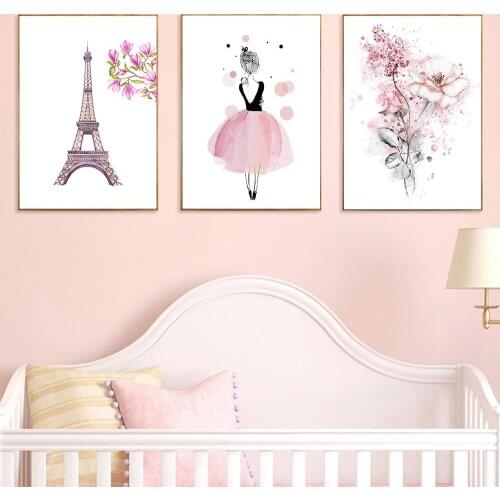 Tower Ballerina Dancer Girl Canvas Print Pink Flower Painting Nursery Wall Art Poster Nordic Decorative Picture Kids Room Decor
