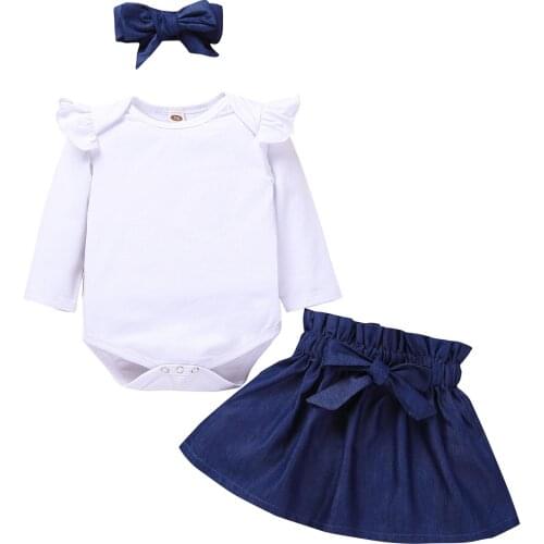 Newborn Baby Girls Clothes Little Girl Set Ruffles Solid Color Romper Bodysuit+Bowknot Skirt+Headband Outfits 3 6 12 18 Months