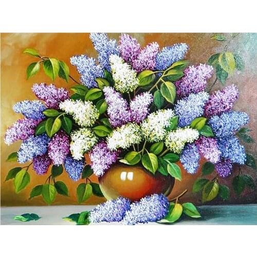 Round Full Drill Diamond Painting Kit Clove Vase Wall Decor Embroidery Cross Stitch Lilac Flower Mosaic Floral