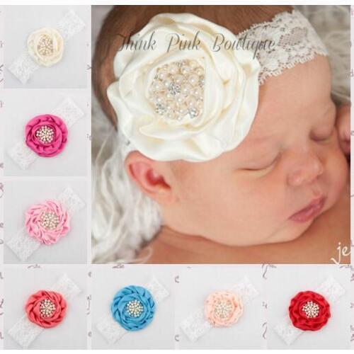 Lace Ribbon Flower kids Headbands Baby Girl Elastic Hairband roses with diamond Children Hair Accessorie YH483