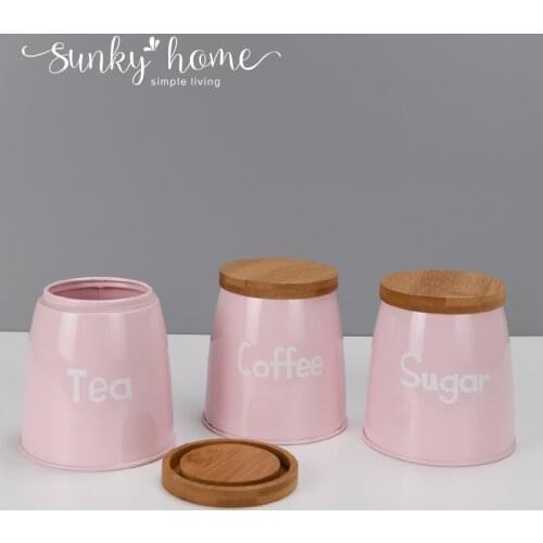Pink Color Kitchen Storage Bins Sets for Tea Coffee Sugar Coffee Bean Powder Candy Jars Cereal Dispenser with Lid Metal Bottle