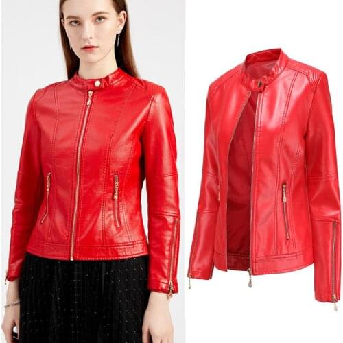 Fashion 2021 Short PU Leather Jacket Women Zipper Spring Autumn Womens Coat Long Sleeve Slim Casual Jacket Stand Collar