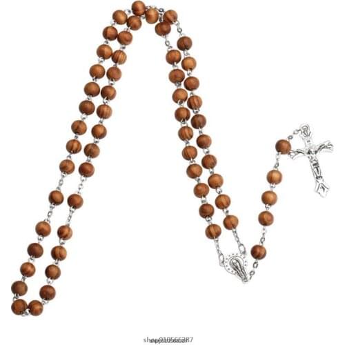Fashion Handmade Round Bead Catholic Rosary Cross Religious Wood Beads Men Necklace Charm Gift J5 21 Dropshipping