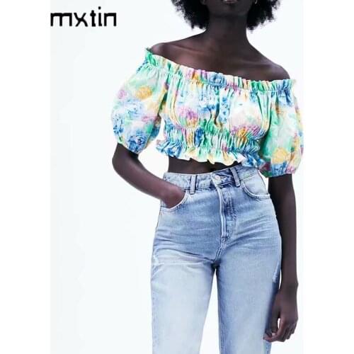 MXTIN 2021 Women Summer Fashion Sexy Floral Print Cropped Blouses Vintage Slash Neck Puff Sleeve Female Shirts Blusas Chic Tops