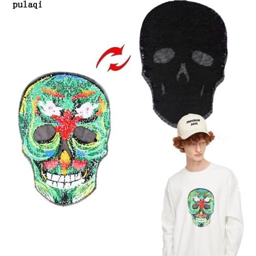 Pulaqi Punk Skull Patch Reversible Sequin Patches For Clothing Sew On Embroidered Patch Stickers Stripes On Clothes Accessories