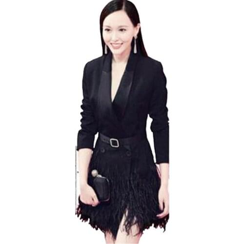 New Notched Long Sleeves Sashes Feather Tassel Blazers Coat 2017 Autumn Mulheres Slim Fashion Double Breasted Black Long Blazers