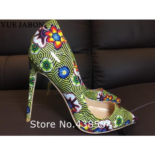 YUE JABON Spring autumn new women pumps printing flowers shoes sexy pointed toe thin high heel party wedding shoes females