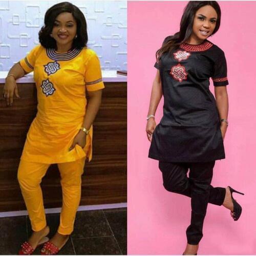 H&D 2020 African Women Clothing Short Sleeve Dashiki Set Embroidery Floral White Black Lady Blouse Top with Pants Robe Africaine