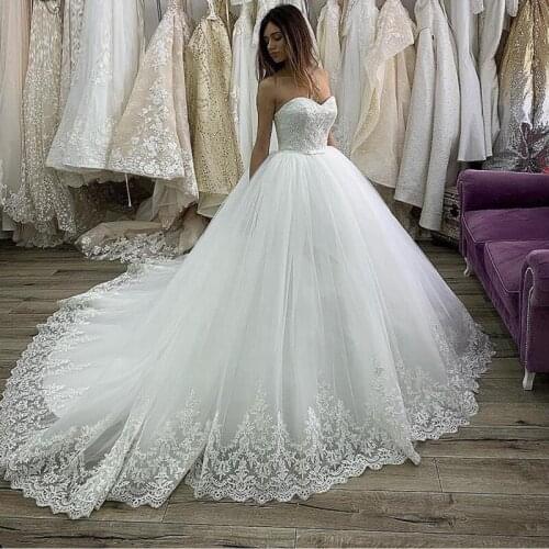 Luxury wedding dress strapless marriage dress A-line vestido de noiva lace-up back sweetheart lace appliques sashes wedding 2020
