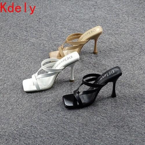 Female Sandals Sexy Summer Slippers Ladies High Heels Square Open Toe Slides Party Shoes Women Black White Apricot