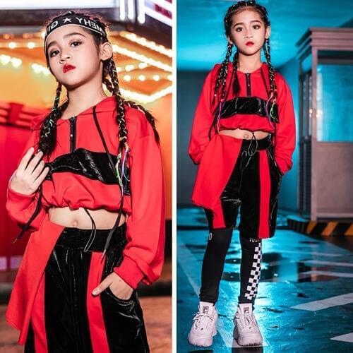 New Jazz Dance Costumes For Girls Hip Hop Dance Clothes Kids Red Tops Performance Dress Hip Hop Kids Street Dance Wear VDB1091