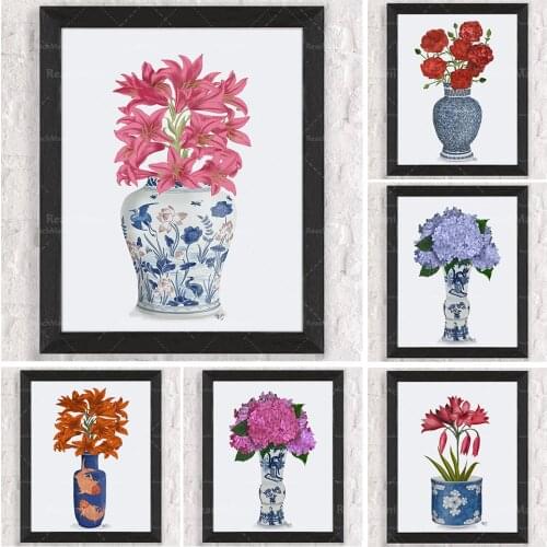 Hortensia lilas, décoration chinoise, oeuvre de style chinois, porcelaine bleue et blanche, oeuvre sur toile, décoration de styl