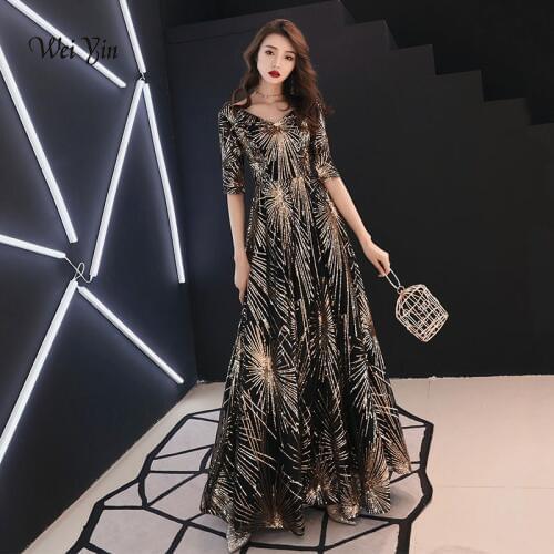 Weiyin Luxury Long Sequin Evening Dress Black A Line V Neck Cheap Evening Gowns Half Sleeves Prom Party Formal Dresses WY942