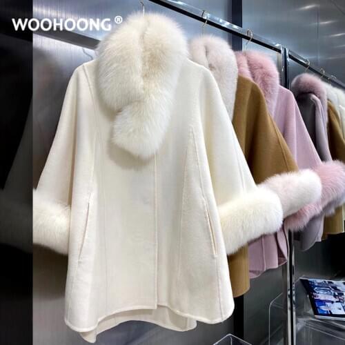 Winter Jacket New Cashmere Wool Blends Loose Cloak Real Fur Coat Women Natural Fox Fur Collar And Cuffs Streetwear