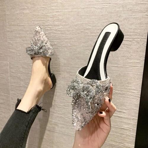 Crystal Bow-knot mules women pointed toe slippers summer beach shoes sandalias rhinestones cover toe low heels slides mujer 2021