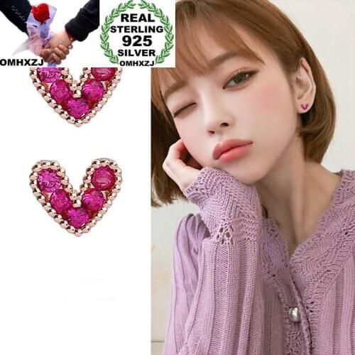 OMHXZJ Wholesale European Fashion Woman Girl Party Wedding Gift Heart Rose Red Zircon S925 Sterling Silver Stud Earrings EA145