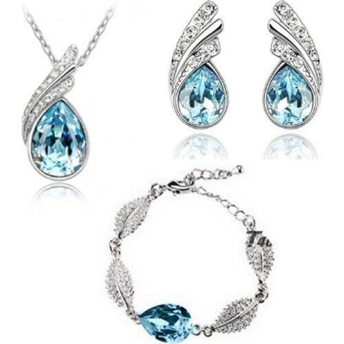 QiLeSen Fine jewelry 925 sterling silver suitable for ladies set, Best selling crystal sea blue Necklace bracelet Earring Set YW