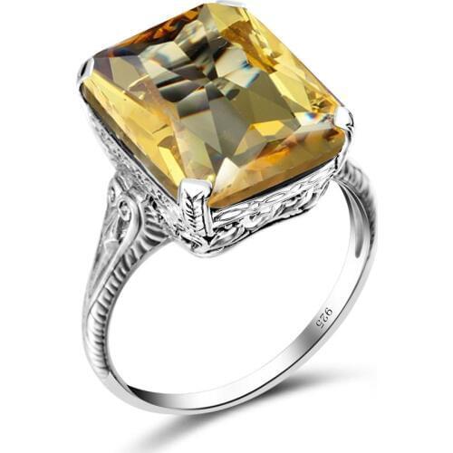 Szjinao Real 925 Sterling Silver Citrine Ring Square Gemstone Fine Jewelry Engrave Handmade Bohemia Silver Rings For Women Best