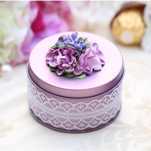 100pcs Round Shape Gift Boxes Tinplate Wedding Candy Box With Beautiful Flower Small Party Favor SN1599