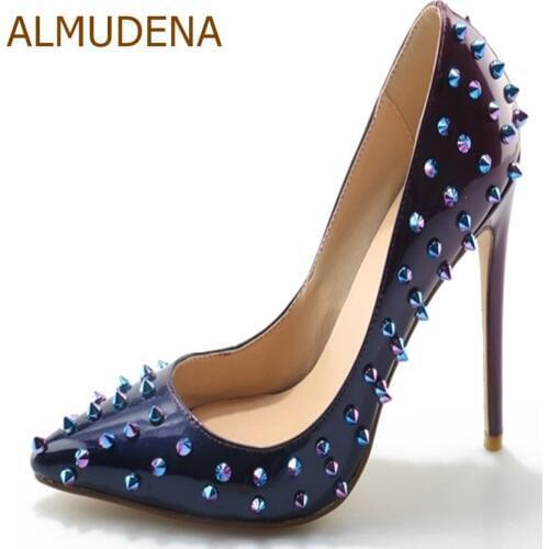 ALMUDENA Luxurious Purple Gradient Color Patent Leather Rivets High Heel Shoes Chia Pointed Toe Slim Fit Spike Shoes Thin Heels