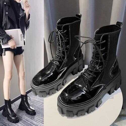 Patent Leather Boots for Women Lace Up Platform Boots Women Winter Keep Warm Non-slip Short Booties Ladies