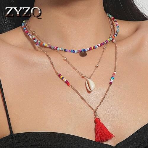 ZYZQ Retro Temperament Multi Layer Color Bead Pendant Necklace For Women Bohemian Personality Hand Woven Clavicle Chain Jewelry