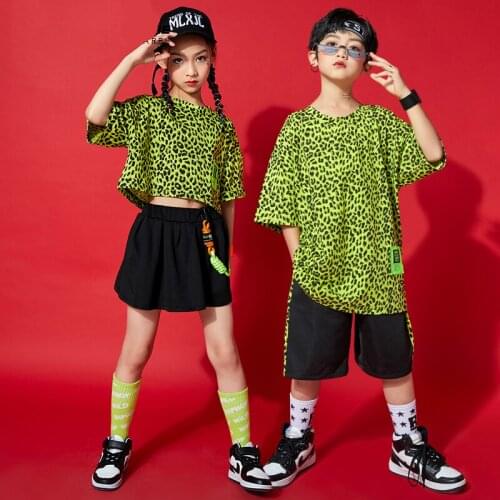 Kids Leopard Street Dance Clothes Practice Wear Jazz Hip Hop Dancing Performance Stagewear Boys Girls Catwalk Show Outfit YS1497