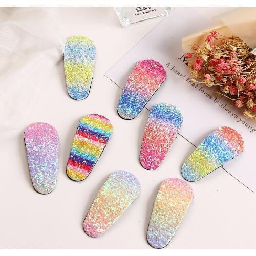 10pcs/lot Children Sweet Girl Glitter Hair Clips Gradient Color Simple Plaid Rainbow Hairpins Kids Water Drops Shape Hairpins
