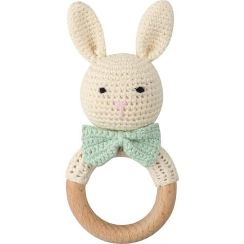 Baby Wooden Teether Ring DIY Crochet Bunny Rattle Newborn Pram Crib Toy Soother Bracelet Teething Molar