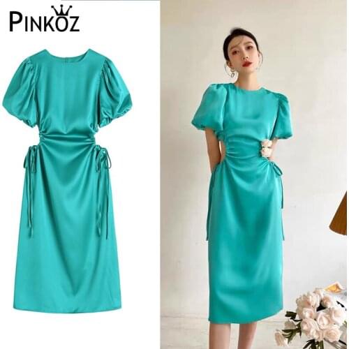 Pinkoz designer green satin midi dress hollow out O-neck puff sleeve women slimy bodycon party sexy dresses female vestidos chic