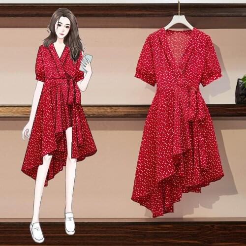EHQAXIN Red V-Neck Floral Print Self Tie Wrap Dress Mini Dress Women Ruffle Hem Short Sleeve Summer Chiffon Dresses L-3XL